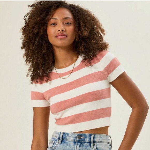 NWOT Altar'd State Payton Coral and White Striped Cropped Knit Sweater Top Sz XL - Picture 1 of 8